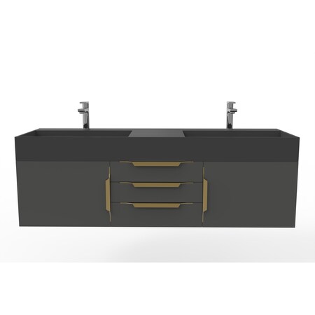 Castello Usa Amazon 60" Wall Mounted Black Vanity With Black Top And Gold Handles CB-MC-60BLK-GLD-2056-BL
